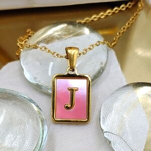Dainty Initial Letter Charm, J, 18K GP Princess Pearl Rectangle Pendant Necklace